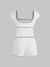 Ladies' White Jacquard Bow Decorated Top And Slim Fit Shorts Set